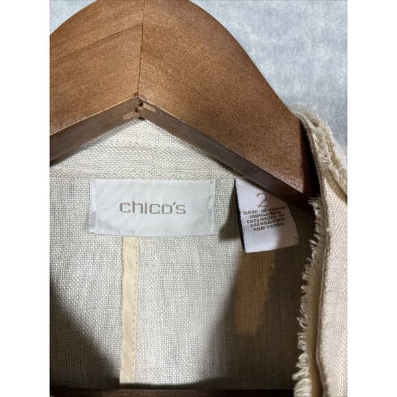 Chicos Women’s Jacket 100% Linen Beige Open Front Sz 2 L Faux Leather - Picture 4 of 6